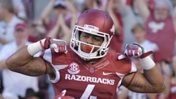 Sep 17, 2016; Fayetteville, AR, USA; Arkansas Razorbacks wide receiver Keon Hatcher (4) celebrates after scoring a touchdown during the first half against the Texas State Bobcats at Donald W. Reynolds Razorback Stadium. Mandatory Credit: Denny Medley-USA TODAY Sports