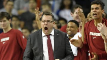 LOS ANGELES, CA - JANUARY 15: Head coach Jerod Haase of the Stanford Cardinal cheers along with his players in the second half at Pauley Pavilion on January 15, 2020 in Los Angeles, California. (Photo by John McCoy/Getty Images)