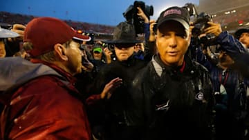 ATHENS, GA - OCTOBER 03: Head coach Nick Saban of the Alabama Crimson Tide shakes hands with head coach Mark Richt of the Georgia Bulldogs after their 38-10 win at Sanford Stadium on October 3, 2015 in Athens, Georgia. (Photo by Kevin C. Cox/Getty Images)