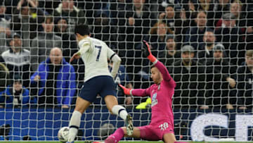 LONDON, ENGLAND - FEBRUARY 05: Heung-Min Son of Tottenham Hotspur is brought down in the area by Angus Gunn of Southampton which leads to a penalty awarded to Tottenham Hotspur during the FA Cup Fourth Round Replay match between Tottenham Hotspur and Southampton FC at Tottenham Hotspur Stadium on February 05, 2020 in London, England. (Photo by Mike Hewitt/Getty Images)