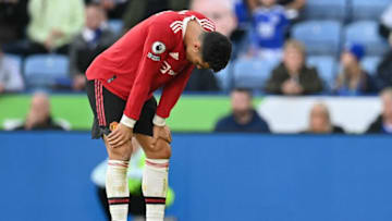 Manchester United's Portuguese striker Cristiano Ronaldo reacts at the end of the English Premier League football match between Leicester City and Manchester United at King Power Stadium in Leicester, central England on October 16, 2021. - RESTRICTED TO EDITORIAL USE. No use with unauthorized audio, video, data, fixture lists, club/league logos or 'live' services. Online in-match use limited to 120 images. An additional 40 images may be used in extra time. No video emulation. Social media in-match use limited to 120 images. An additional 40 images may be used in extra time. No use in betting publications, games or single club/league/player publications. (Photo by Paul ELLIS / AFP) / RESTRICTED TO EDITORIAL USE. No use with unauthorized audio, video, data, fixture lists, club/league logos or 'live' services. Online in-match use limited to 120 images. An additional 40 images may be used in extra time. No video emulation. Social media in-match use limited to 120 images. An additional 40 images may be used in extra time. No use in betting publications, games or single club/league/player publications. / RESTRICTED TO EDITORIAL USE. No use with unauthorized audio, video, data, fixture lists, club/league logos or 'live' services. Online in-match use limited to 120 images. An additional 40 images may be used in extra time. No video emulation. Social media in-match use limited to 120 images. An additional 40 images may be used in extra time. No use in betting publications, games or single club/league/player publications. (Photo by PAUL ELLIS/AFP via Getty Images)