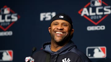 BRONX, NY - OCTOBER 18: CC Sabathia #52 of the New York Yankees talks to the media prior to Game 5 of the ALCS between the Houston Astros and the New York Yankees at Yankee Stadium on Friday, October 18, 2019 in the Bronx borough of New York City. (Photo by Alex Trautwig/MLB Photos via Getty Images)