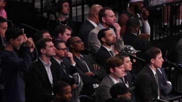 NEW YORK, NY - APRIL 20: Sean Marks and Trajan Langdon of the Brooklyn Nets during the game against the Philadelphia 76ers on Game Four of Round One of the 2019 NBA Playoffs at Barclays Center on April 20, 2019 in the Brooklyn borough of New York City. NOTE TO USER: User expressly acknowledges and agrees that, by downloading and or using this photograph, User is consenting to the terms and conditions of the Getty Images License Agreement. (Photo by Matteo Marchi/Getty Images)