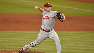 Jul 25, 2016; Miami, FL, USA; Philadelphia Phillies starting pitcher Jeremy Hellickson (58) delivers a pitch in the game against the Miami Marlins at Marlins Park. Mandatory Credit: Jasen Vinlove-USA TODAY Sports