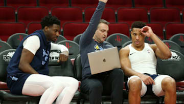 Memphis Grizzlies forward Jaren Jackson Jr. (left) and guard Desmond Bane (right) talk with assistant coach Darko Rajakovic Credit: Troy Taormina-USA TODAY Sports