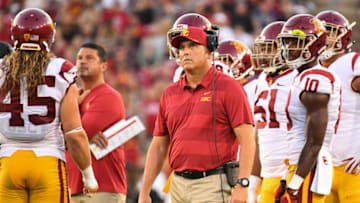 PALO ALTO, CA - SEPTEMBER 08: USC head coach Clay Helton looks on during a college football game between the Stanford Cardinal and the USC Trojans on September 8, 2018, at Stanford Stadium in Palo Alto, CA. (Photo by Brian Rothmuller/Icon Sportswire via Getty Images)