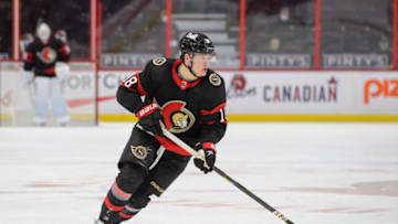 OTTAWA, ON - MARCH 1: Tim Stützle #18 of the Ottawa Senators skates against the Calgary Flames at Canadian Tire Centre on March 1, 2021 in Ottawa, Ontario, Canada. (Photo by Matt Zambonin/Freestyle Photography/Getty Images)