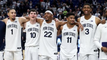 Mar 5, 2023; University Park, Pennsylvania, USA; Penn State Nittany Lion players sing their alma mater following the completion of the game against the Maryland Terrapins at Bryce Jordan Center. Mandatory Credit: Matthew OHaren-USA TODAY Sports
