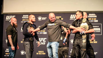 Khabib Nurmagomedov and Tony Ferguson face-off at the UFC 249 presser in Las Vegas (photo by Amy Kaplan/FanSided)