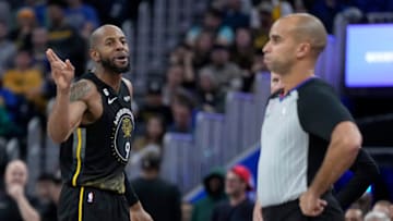 SAN FRANCISCO, CALIFORNIA - JANUARY 10: Andre Iguodala #9 of the Golden State Warriors argues with official Matt Myers #43 after Iguodala was ejected from the game after a second technical foul was called on him against the Phoenix Suns during the fourth quarter at Chase Center on January 10, 2023 in San Francisco, California. NOTE TO USER: User expressly acknowledges and agrees that, by downloading and or using this photograph, User is consenting to the terms and conditions of the Getty Images License Agreement. (Photo by Thearon W. Henderson/Getty Images)