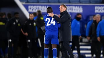 Brendan Rodgers, Manager of Leicester City interacts with Nampalys Mendy (Photo by Michael Regan/Getty Images)
