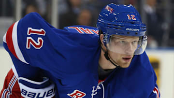 NEW YORK, NY - FEBRUARY 29: Eric Staal #12 of the New York Rangers waits for a faceoff against the Columbus Blue Jackets at Madison Square Garden on February 29, 2016 in New York City. (Photo by Bruce Bennett/Getty Images)