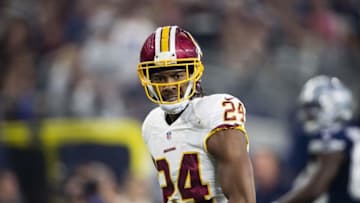 Nov 24, 2016; Arlington, TX, USA; Washington Redskins cornerback Josh Norman (24) reacts to a defensive stop during the second quarter against the Dallas Cowboys at AT&T Stadium. Mandatory Credit: Jerome Miron-USA TODAY Sports