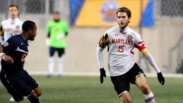 Dec 13, 2013; Chester, PA, USA; Maryland Terrapins forward Patrick Mullins (15) dribbles the ball in the second half against the Virginia Cavaliers at PPL Park. Mandatory Credit: Evan Habeeb-USA TODAY Sports