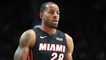 PORTLAND, OREGON - FEBRUARY 09: Andre Iguodala #28 of the Miami Heat looks on in the second quarter against the Portland Trail Blazers during their game at Moda Center on February 09, 2020 in Portland, Oregon. NOTE TO USER: User expressly acknowledges and agrees that, by downloading and or using this photograph, User is consenting to the terms and conditions of the Getty Images License Agreement. (Photo by Abbie Parr/Getty Images)
