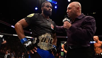 ATLANTA, GA - JULY 30: (L-R) Tyron Woodley talks to UFC commentator after his knockout victory over Robbie Lawler in their welterweight championship bout during the UFC 201 event on July 30, 2016 at Philips Arena in Atlanta, Georgia. (Photo by Jeff Bottari/Zuffa LLC/Zuffa LLC via Getty Images)