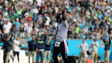 CHARLOTTE, NC - NOVEMBER 25: Russell Wilson #3 of the Seattle Seahawks reacts against the Carolina Panthers in the third quarter during their game at Bank of America Stadium on November 25, 2018 in Charlotte, North Carolina. (Photo by Streeter Lecka/Getty Images)