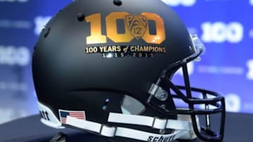 Jul 30, 2015; Burbank, CA, USA; General view of Pac-12 100-year anniversary logo helmet at Pac-12 Media Day at Warner Bros. Studios. Mandatory Credit: Kirby Lee-USA TODAY Sports