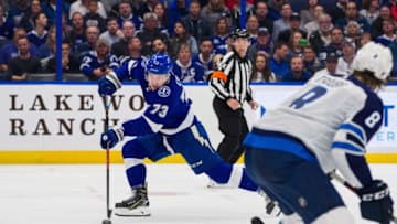 TAMPA, FL - MARCH 5: Adam Erne #73 of the Tampa Bay Lightning shoots the puck for a goal against the Winnipeg Jets during the second period at Amalie Arena on March 5, 2019 in Tampa, Florida. (Photo by Mark LoMoglio/NHLI via Getty Images)