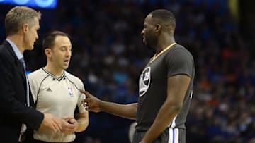 Feb 27, 2016; Oklahoma City, OK, USA; Golden State Warriors forward Draymond Green (23) discusses a call with an NBA official in action against the Oklahoma City Thunder during the fourth quarter at Chesapeake Energy Arena. Mandatory Credit: Mark D. Smith-USA TODAY Sports