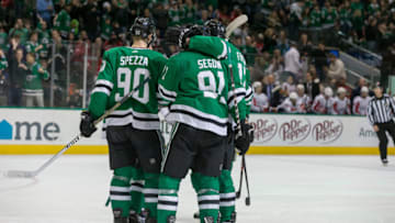 DALLAS, TX - JANUARY 04: Dallas Stars center Tyler Seguin (91) celebrates scoring a goal with his teammates during the game between the Dallas Stars and the Washington Capitals on January 4, 2019 at the American Airlines Center in Dallas, Texas. (Photo by Matthew Pearce/Icon Sportswire via Getty Images)