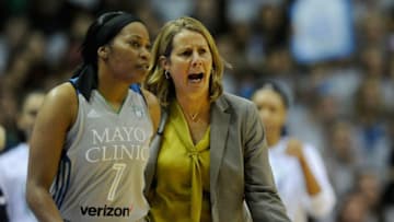 MINNEAPOLIS, MN - OCTOBER 04: Head coach Cheryl Reeve of the Minnesota Lynx speaks to Jia Perkins