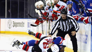 Chris Kreider #20 of the New York Rangers and P.K. Subban #76 of the New Jersey Devils fight during the third period during a preseason game at Madison Square Garden on October 06, 2021 in New York City. The Rangers defeated the Devils 6-2. (Photo by Bruce Bennett/Getty Images)