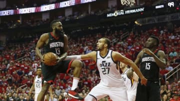 HOUSTON, TX - MAY 02: James Harden #13 of the Houston Rockets goes up for a shot defended by Rudy Gobert #27 of the Utah Jazz in the second half during Game Two of the Western Conference Semifinals of the 2018 NBA Playoffs at Toyota Center on May 2, 2018 in Houston, Texas. NOTE TO USER: User expressly acknowledges and agrees that, by downloading and or using this photograph, User is consenting to the terms and conditions of the Getty Images License Agreement. (Photo by Tim Warner/Getty Images)