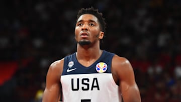 SHENZHEN, CHINA - SEPTEMBER 9: Donovan Mitchell #5 of Team USA shoots free throws against Team Brazil during the FIBA World Cup on September 9, 2019 at the Shenzhen Bay Sports Center in Shenzhen, China. NOTE TO USER: User expressly acknowledges and agrees that, by downloading and/or using this photograph, user is consenting to the terms and conditions of the Getty Images License Agreement. Mandatory Copyright Notice: Copyright 2019 NBAE (Photo by Jesse D. Garrabrant/NBAE via Getty Images)