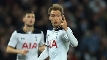 STRATFORD, ENGLAND - MAY 05: Christian Eriksen of Tottenham Hotspur gestures during the Premier League match between West Ham United and Tottenham Hotspur at the London Stadium on May 5, 2017 in Stratford, England. (Photo by Richard Heathcote/Getty Images)