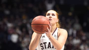 NASHVILLE, TN - MARCH 03: Mississippi State Lady Bulldogs forward Chloe Bibby (55) shoots free throws against the Texas A&M Aggies during the second period between the Mississippi State Lady Bulldogs and the Texas A&M Aggies in the SEC Women's Tournament on March 3, 2018, at the Bridgestone Arena in Nashville, TN. (Photo by Steve Roberts/Icon Sportswire via Getty Images)