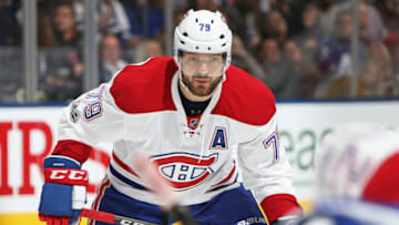 TORONTO, ON - FEBRUARY 25: Andrei Markov #79 of the Montreal Canadiens waits for a faceoff against the Toronto Maple Leafs during an NHL game at the Air Canada Centre on February 25, 2017 in Toronto, Ontario, Canada. The Canadiens defeated the Maple Leafs 3-2 in overtime. (Photo by Claus Andersen/Getty Images)