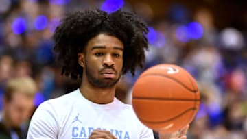 DURHAM, NC - FEBRUARY 20: Coby White #2 of the North Carolina Tar Heels warms up prior to their game against the Duke Blue Devils at Cameron Indoor Stadium on February 20, 2019 in Durham, North Carolina. (Photo by Lance King/Getty Images)