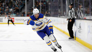 SEATTLE, WASHINGTON - OCTOBER 25: Dylan Cozens #24 of the Buffalo Sabres skates against the Seattle Kraken during the third period at Climate Pledge Arena on October 25, 2022 in Seattle, Washington. (Photo by Steph Chambers/Getty Images)