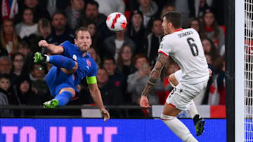 LONDON, ENGLAND - NOVEMBER 12: Harry Kane of England scores their side's fifth goal and his hat-trick during the 2022 FIFA World Cup Qualifier match between England and Albania at Wembley Stadium on November 12, 2021 in London, England. (Photo by Laurence Griffiths/Getty Images)