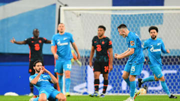 Zenit St. Petersburg's Russian midfielder Magomed Ozdoev celebrates after scoring their third goal during the UEFA Champions League group H football match between Zenit St. Petersburg and Chelsea at the Gazprom Arena stadium in Saint Petersburg on December 8, 2021. (Photo by Olga MALTSEVA / AFP) (Photo by OLGA MALTSEVA/AFP via Getty Images)