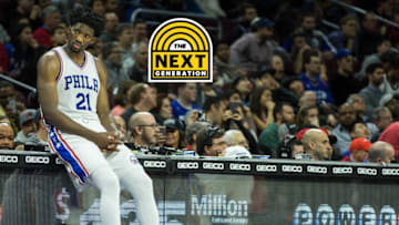 Jan 18, 2017; Philadelphia, PA, USA; Philadelphia 76ers center Joel Embiid (21) leans on the scorers table before entering the game against the Toronto Raptors during the fourth quarter at Wells Fargo Center. The Philadelphia 76ers won 94-89. Mandatory Credit: Bill Streicher-USA TODAY Sports