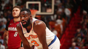 MIAMI, FL - MARCH 21: Tim Hardaway Jr. #3 of the New York Knicks looks on during the game against the Miami Heat on March 21, 2018 at American Airlines Arena in Miami, Florida. Copyright 2018 NBAE (Photo by Issac Baldizon/NBAE via Getty Images)