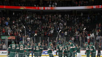 ST. PAUL, MN - APRIL 02: The Minnesota Wild celebrate a victory over the Winnipeg Jets after a game at Xcel Energy Center on April 2, 2019 in St. Paul, Minnesota.(Photo by Bruce Kluckhohn/NHLI via Getty Images)