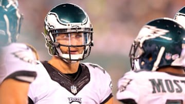 Sep 3, 2015; East Rutherford, NJ, USA; Philadelphia Eagles quarterback Tim Tebow (11) in the huddle against the New York Jets during the fourth quarter of a preseason game at MetLife Stadium. The Jets defeated the Eagles 24-18. Mandatory Credit: Brad Penner-USA TODAY Sports
