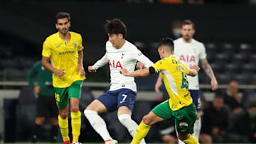 LONDON, ENGLAND - AUGUST 26: Son Heung-Min of Tottenham Hotspur and Stephen Eustaquio of Paco de Ferreira during the UEFA Conference League Play-Offs Leg Two match between Tottenham Hotspur and Pacos de Ferreira at on August 26, 2021 in London, United Kingdom. (Photo by James Williamson - AMA/Getty Images)