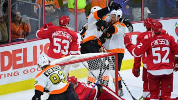 Nov 2, 2016; Philadelphia, PA, USA; Philadelphia Flyers defenseman Mark Streit (32) celebrates his goal with right wing Wayne Simmonds (17) against Detroit Red Wings during the third period at Wells Fargo Center. The Flyers defeated the Red Wings, 4-3 in overtime. Mandatory Credit: Eric Hartline-USA TODAY Sports