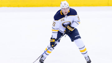 TORONTO, ON - APRIL 02: Buffalo Sabres Defenceman Rasmus Ristolainen (55) passes the puck during the NHL regular season game between the Buffalo Sabres and the Toronto Maple Leafs on April 2, 2018, at Air Canada Centre in Toronto, ON, Canada. (Photograph by Julian Avram/Icon Sportswire via Getty Images)