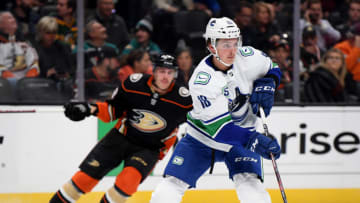 ANAHEIM, CALIFORNIA - NOVEMBER 01: Jake Virtanen #18 of the Vancouver Canucks controls the puck during a 2-1 Anaheim Ducks win at Honda Center on November 01, 2019 in Anaheim, California. (Photo by Harry How/Getty Images)
