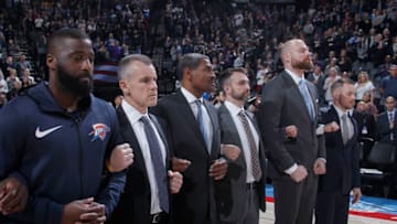 OKC Thunder Head Coach Billy Donovan and assistant coach Maurice Cheeks (Photo by Rocky Widner/NBAE via Getty Images)
