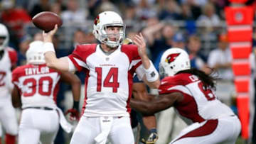 Dec 11, 2014; St. Louis, MO, USA; Arizona Cardinals quarterback Ryan Lindley (14) throws a pass during the second half of a football game against the St. Louis Rams at the Edward Jones Dome. The Cardinals defeated the Rams 12-6. Mandatory Credit: Scott Kane-USA TODAY Sports