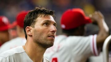 Aug 20, 2015; Miami, FL, USA; Philadelphia Phillies right fielder Jeff Francoeur (3) looks on from the dugout during the fifth inning against the Miami Marlins at Marlins Park. Mandatory Credit: Steve Mitchell-USA TODAY Sports