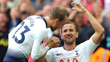 LONDON, ENGLAND - AUGUST 18: Harry Kane of Tottenham celebrates scoring their 3rd goal with Christian Eriksen of Tottenham during the Premier League match between Tottenham Hotspur and Fulham FC at Wembley Stadium on August 18, 2018 in London, United Kingdom. (Photo by Charlotte Wilson/Offside/Getty Images)