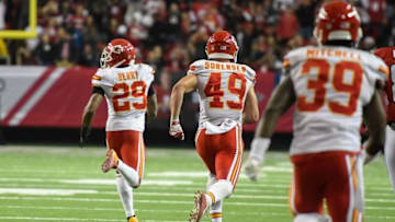 Dec 4, 2016; Atlanta, GA, USA; Kansas City Chiefs strong safety Eric Berry (29) intercepts a two point conversion attempt and returns it for the game winning points against the Atlanta Falcons during the second half at the Georgia Dome. The Chiefs won 29-28. Mandatory Credit: Dale Zanine-USA TODAY Sports