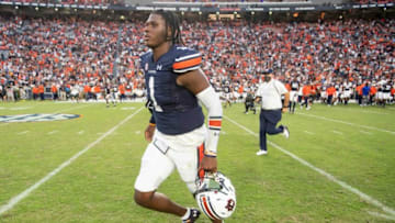 Auburn football quarterback T.J. Finley (1) celebrates after the game at Jordan-Hare Stadium in Auburn, Ala., on Saturday, Sept. 25, 2021. Auburn Tigers defeated Georgia State Panthers 34-24.